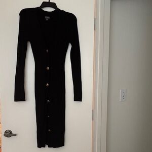 Slim Long Button-Front Black Cardigan